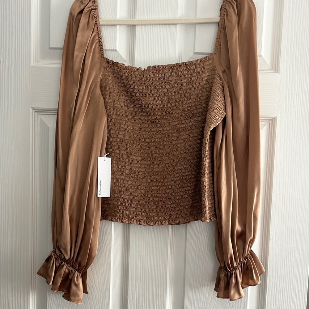 Elegant Brown Smocked Reformation Women's Top